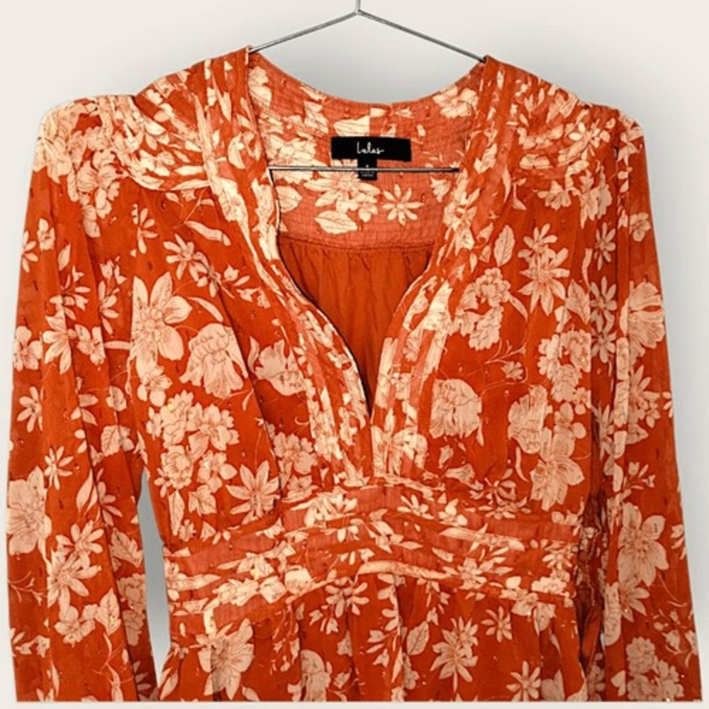 Lulus Small Burnt Orange Floral Mini Dress Long Sleeve Deep V Boho Flowery Beads - Picture 11 of 16